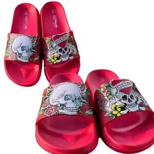 Ed Hardy Rhinestone Skull & Roses Slide Sandals – Women’s Size 6